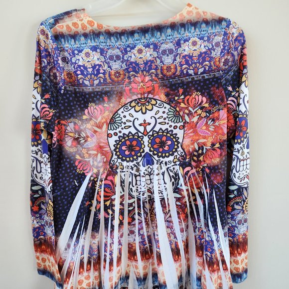 One World Live and let Live colorful skull blouse. Small - Picture 5 of 5